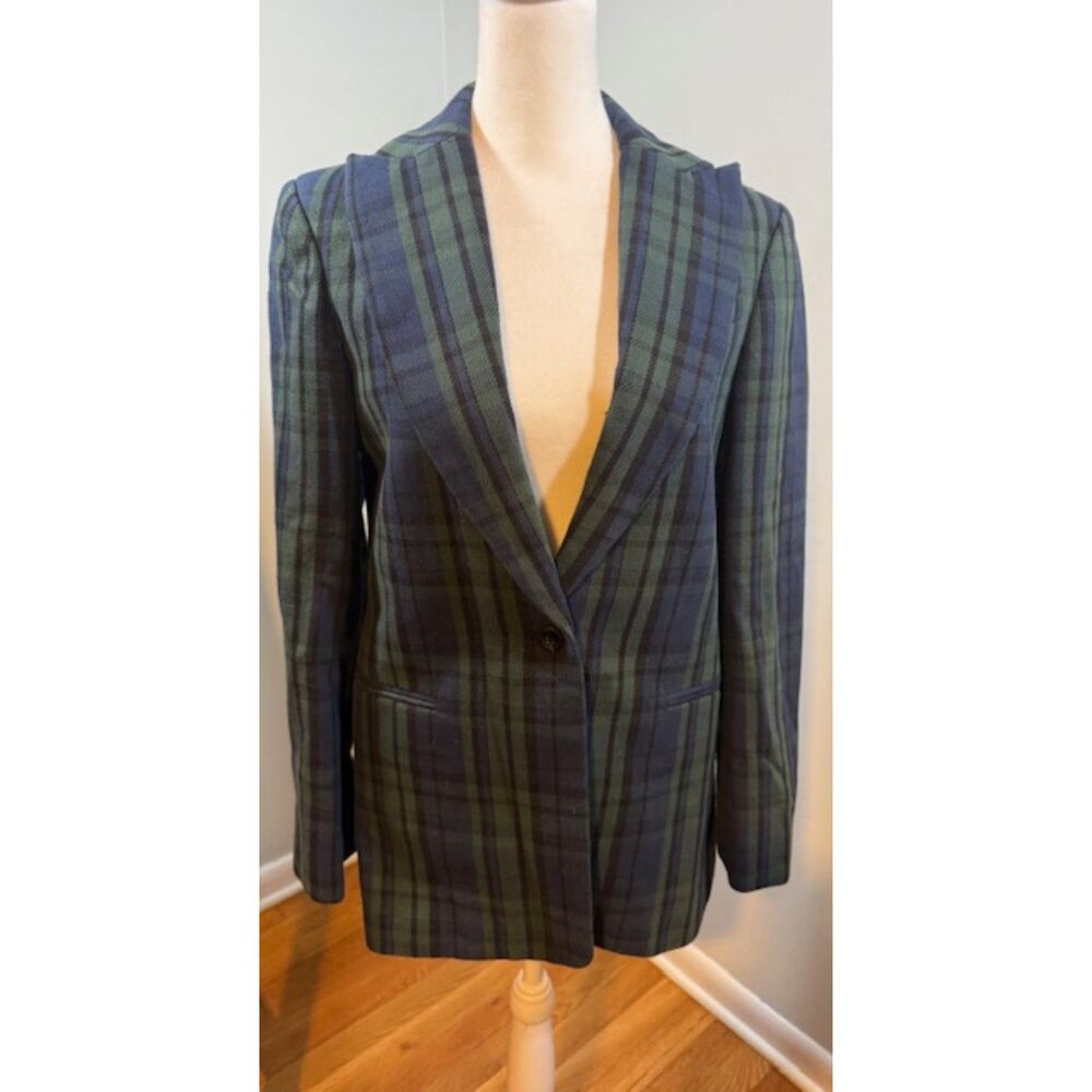Aritzia Sunday Best Blue Green Plaid Blazer Jacket‎ XS Cotton Blend Lined Preppy